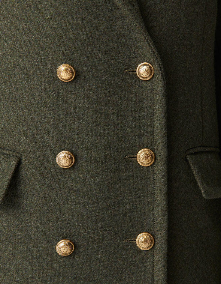 Women’s khaki long pea coat with engraved buttons-7 Women’s khaki long pea coat with engraved buttons-7