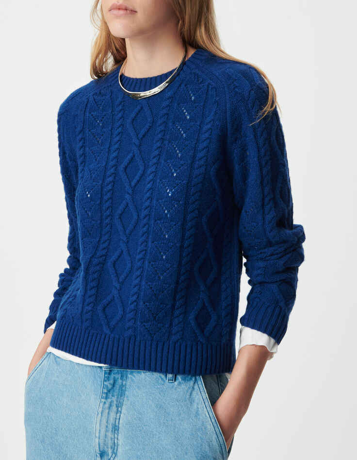 Blauer Damen-Kurzstrickpulli aus 100 % Wolle Punkte-5 Blauer Damen-Kurzstrickpulli aus 100 % Wolle Punkte-5
