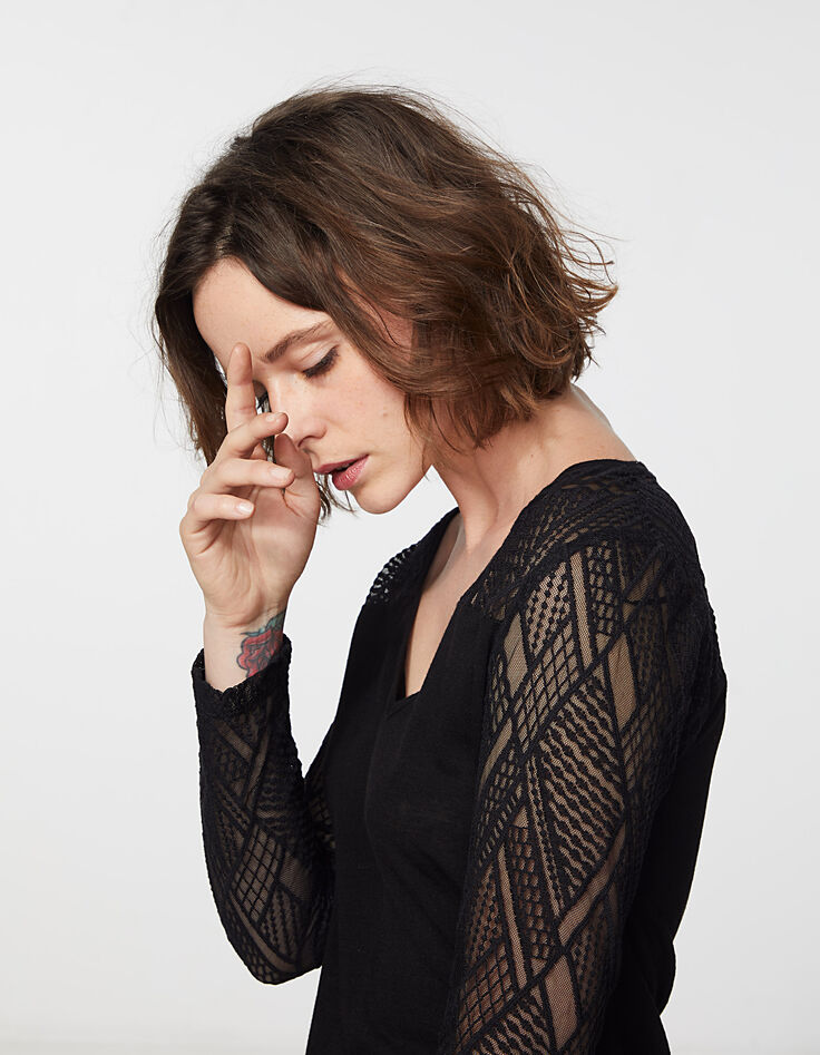 Tee-shirt noir bi-matière en viscose apport laine femme-4