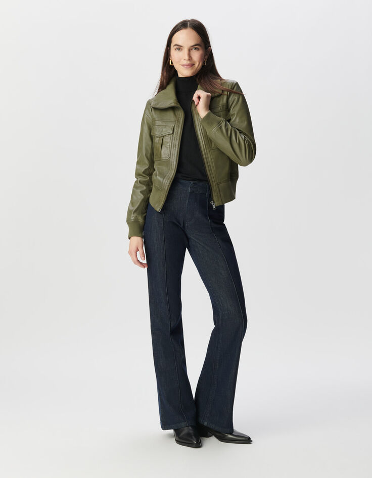 Blouson court kaki cuir délavé Femme-1 Blouson court kaki cuir délavé Femme-1