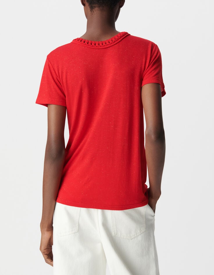Camiseta roja de mujer con cuello en V trenzado-3