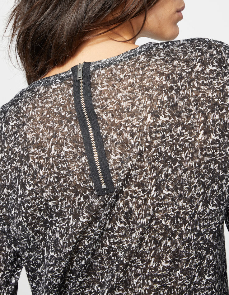 Tee-shirt manches 3/4 en lin imprimé wavy noir femme-5