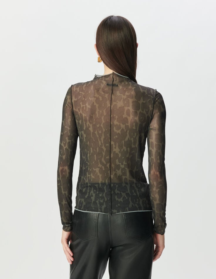 Kaki T-shirt mesh luipaardprint Dames-3 Kaki T-shirt mesh luipaardprint Dames-3