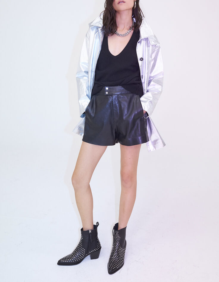 Parka argentée en coton enduit à capuche amovible Femme-5
