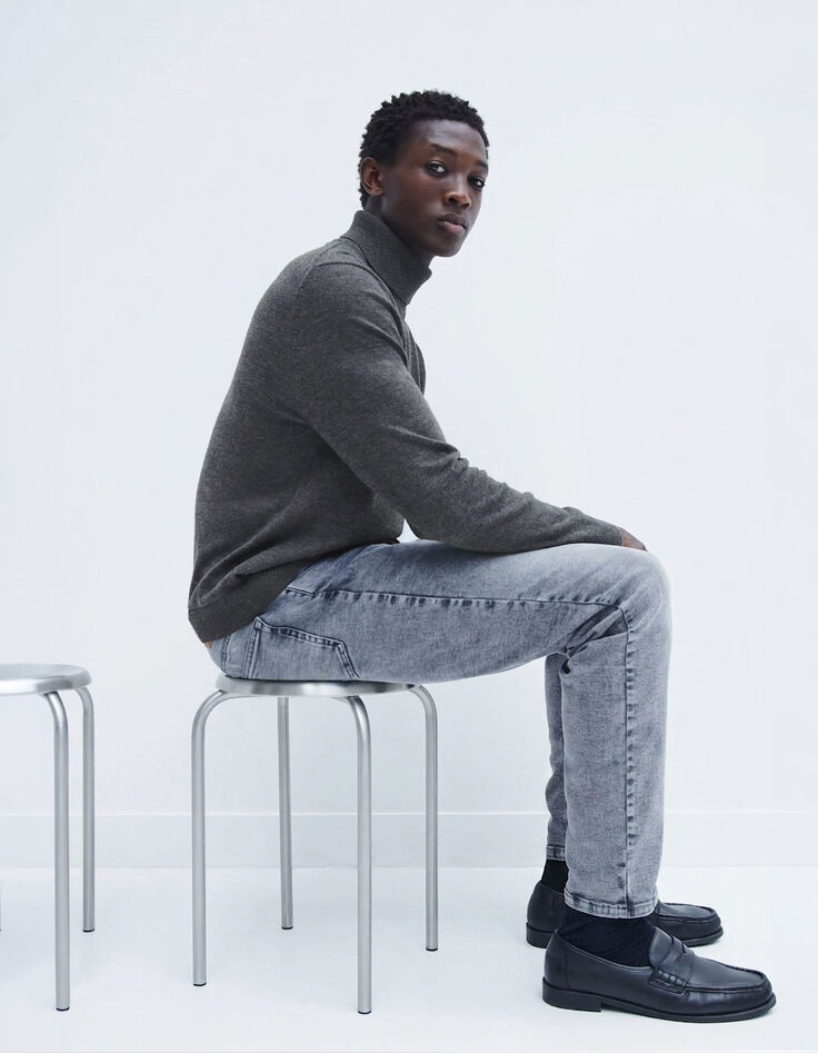 Pull col roul&eacute; gris tricot 100% laine Homme-9