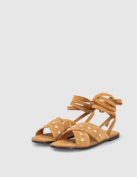 Platte sandalen met veters in camel leer studs dames