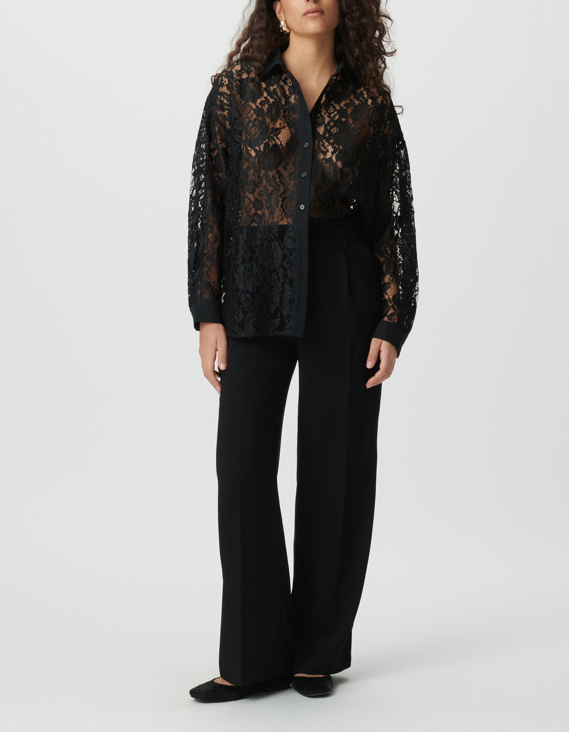 Women's black lace oversized long-sleeve shirt IKKS