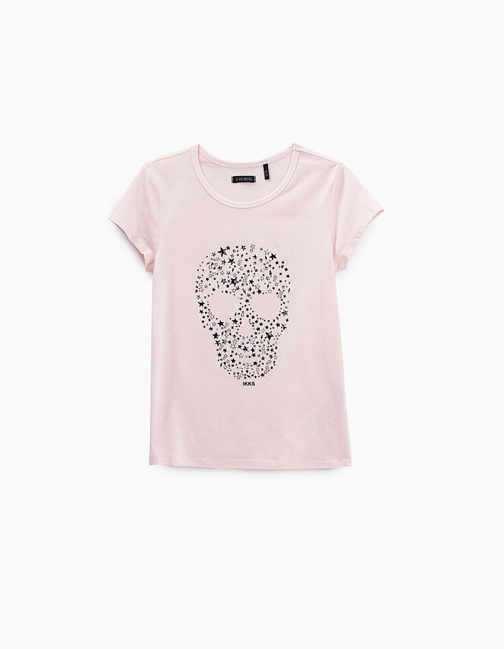 Hellrosa Mädchen-T-Shirt mit Totenkopfmotiv und Sternen-2 Hellrosa Mädchen-T-Shirt mit Totenkopfmotiv und Sternen-2