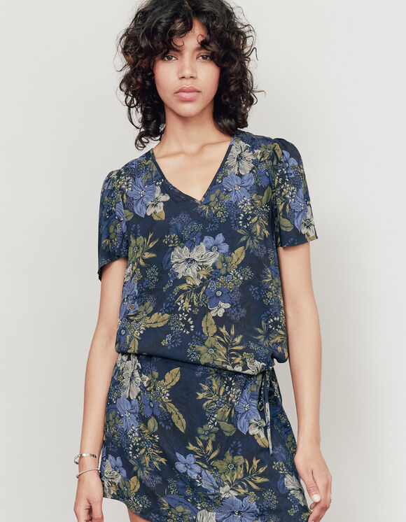 Korte jurk in viscose tropische bloemenprint dames