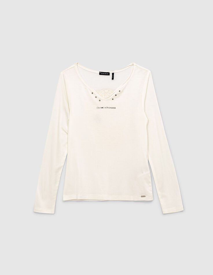Girls’ off-white button-neck T-shirt with skull on back-2