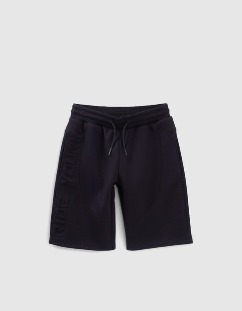Boys’ navy techfleece Bermudas, embossed lettering