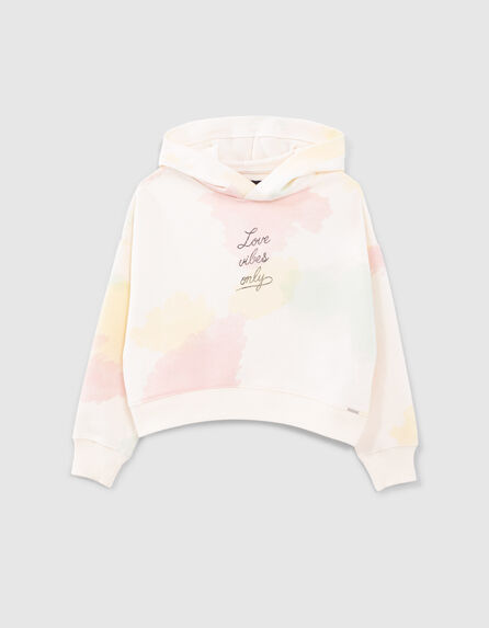 Cremeweißes Mädchensweatshirt mit Kapuze und Fleckenmotiv