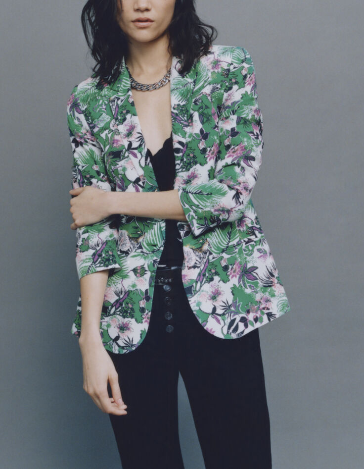 Veste de tailleur verte imprimé végétal Femme-5