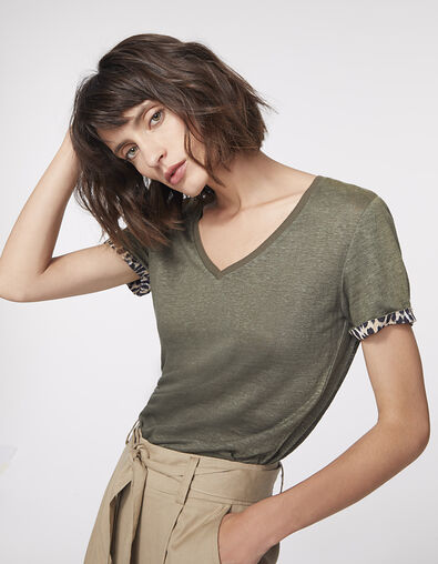 Women’s khaki linen T-shirt, leopard sleeves - IKKS