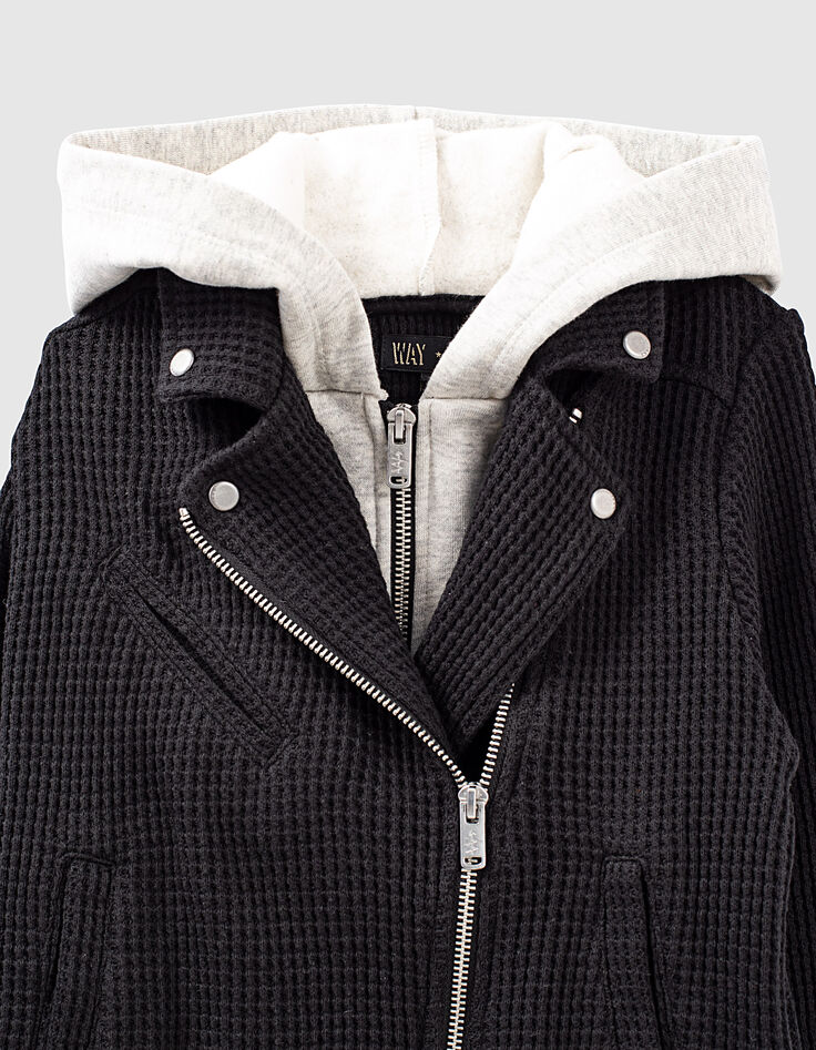 Cardigan noir esprit motard nid d'abeille à capuche fille-4 Cardigan noir esprit motard nid d'abeille à capuche fille-4