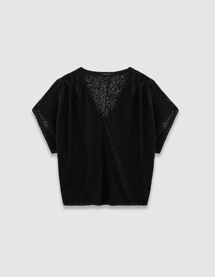 Schwarzes Damen-T-Shirt, V-Schnitt, transparentes Leomotiv-5 Schwarzes Damen-T-Shirt, V-Schnitt, transparentes Leomotiv-5