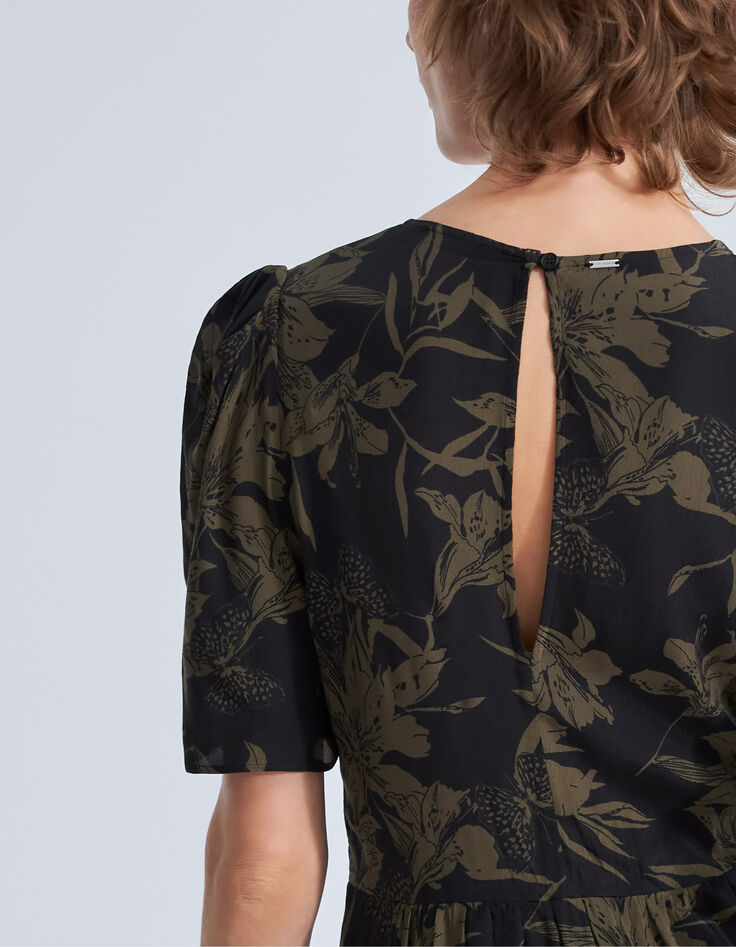 Lange zwarte jurk lelieprint Dames-2
