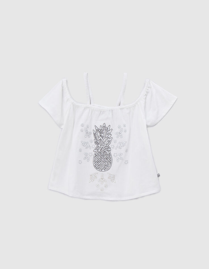 T-shirt blanc coton bio broderie ananas fille-1
