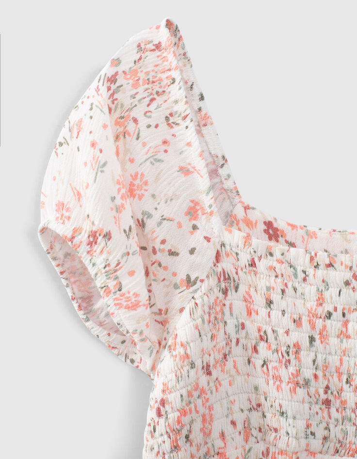Cremewei&szlig;es M&auml;dchenkleid mit Blumen und Smocks-4