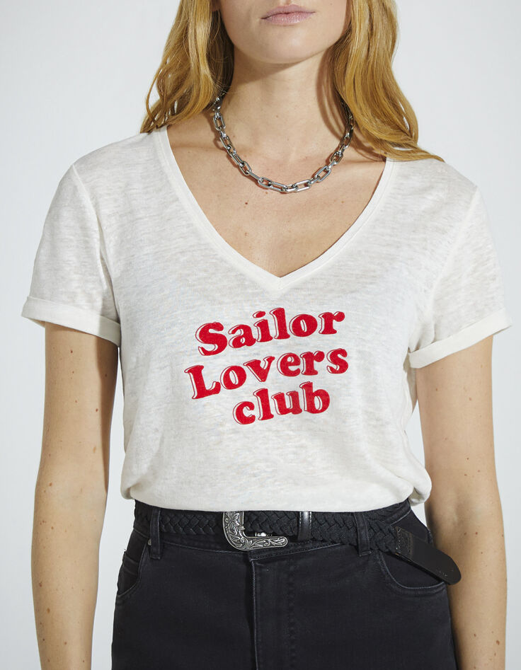 Women’s ecru cotton T-shirt with red slogan-2 Women’s ecru cotton T-shirt with red slogan-2