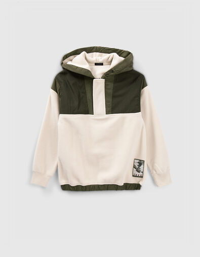 Boys&rsquo; ecru and khaki mixed fabric hoodie - IKKS