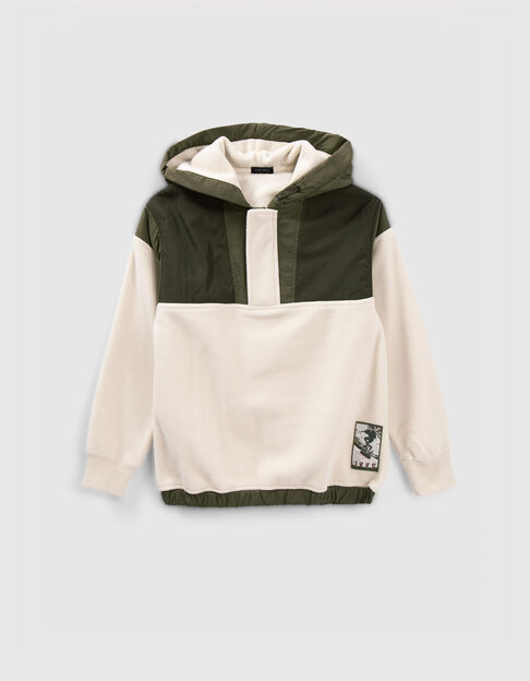 Boys’ ecru and khaki mixed fabric hoodie