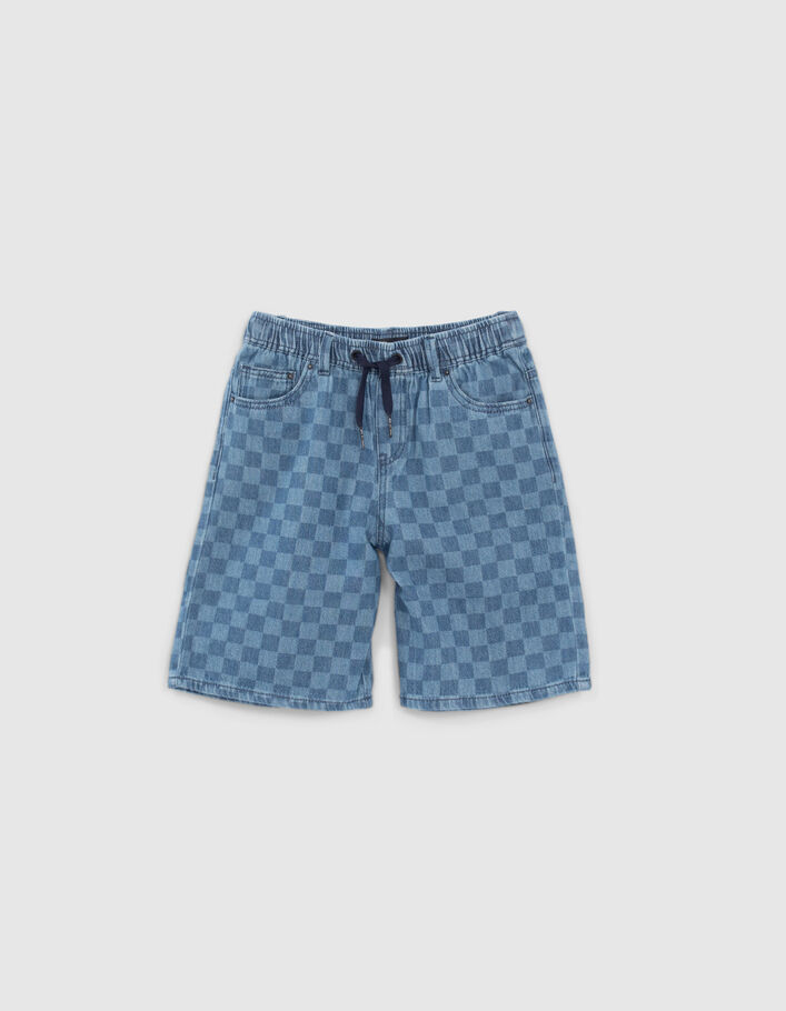 Boys’ blue denim checkerboard motif relaxed Bermudas - IKKS