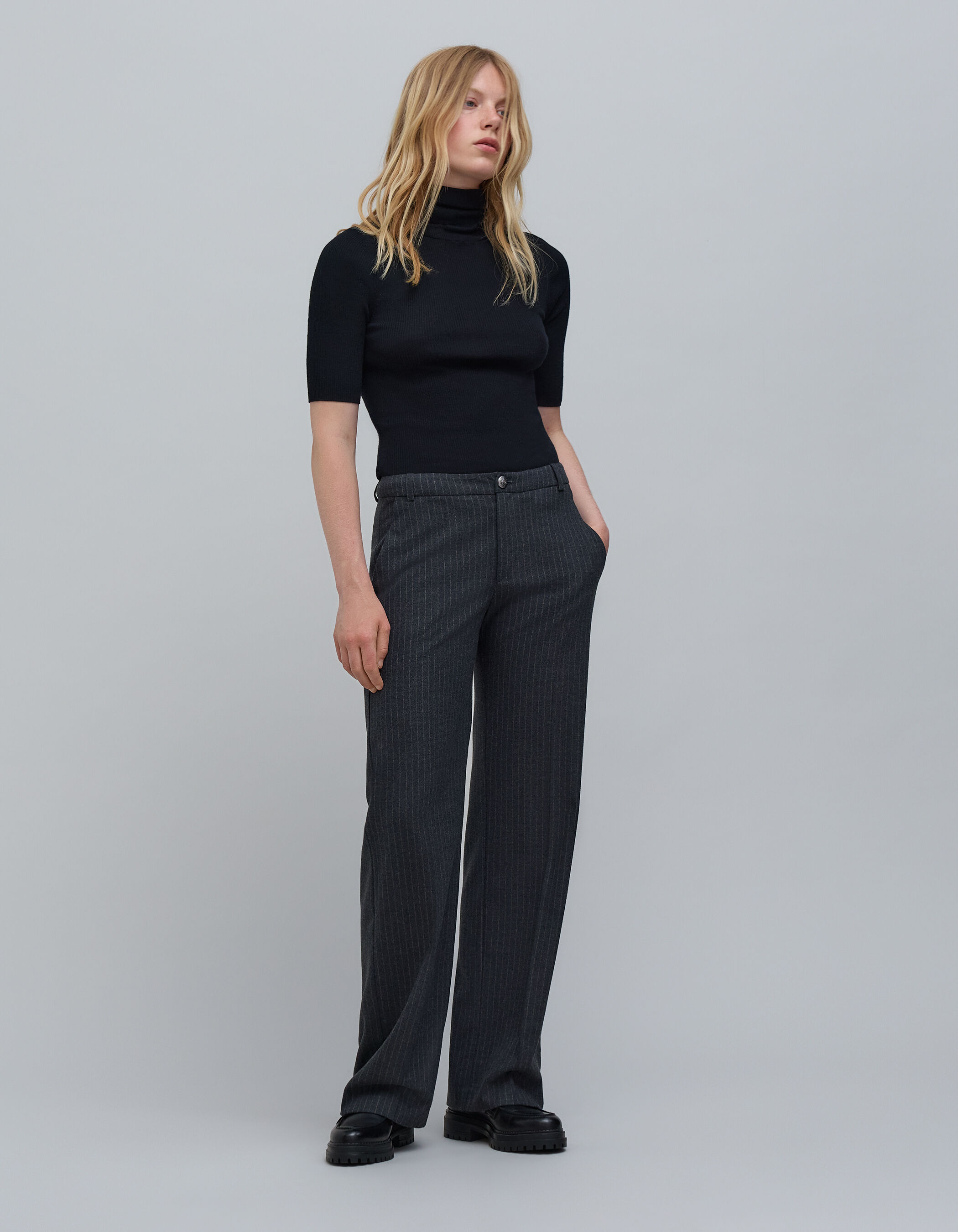 Women's gray flare suit pants with tennis stripes