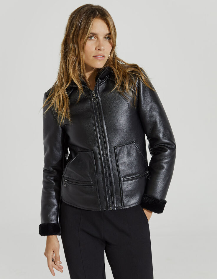 Veste courte noire en cuir et fourrure alternative femme-2