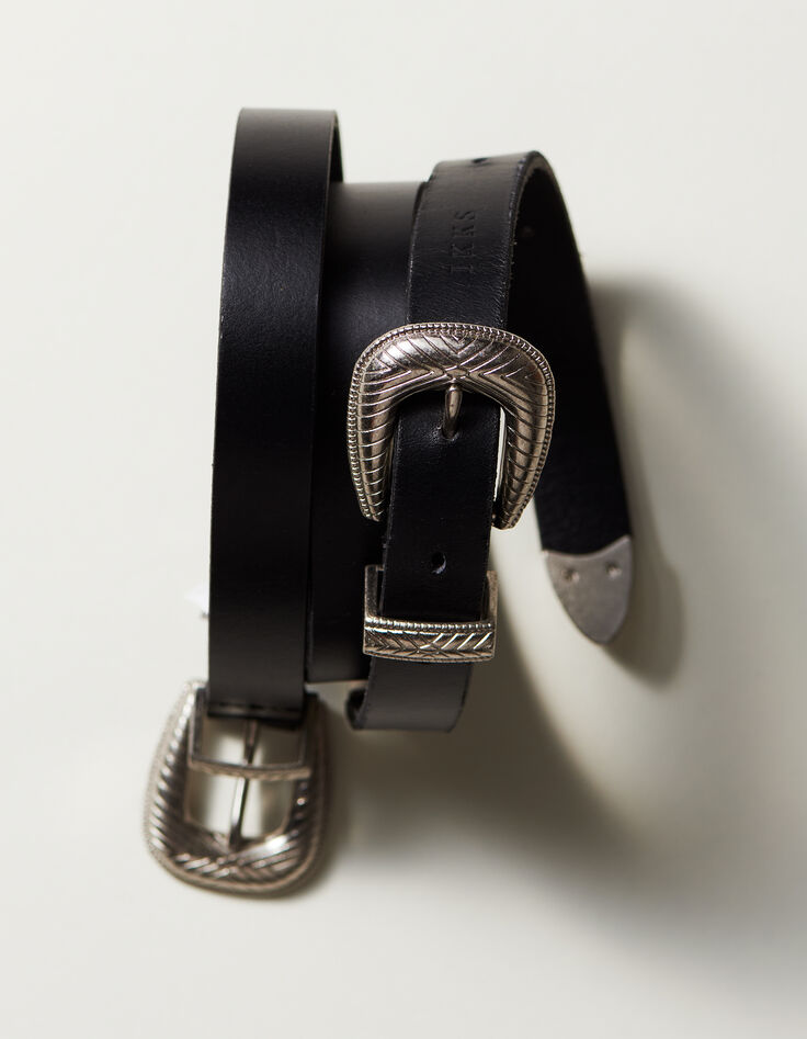 Ceinture robe noire cuir double boucle Femme-4