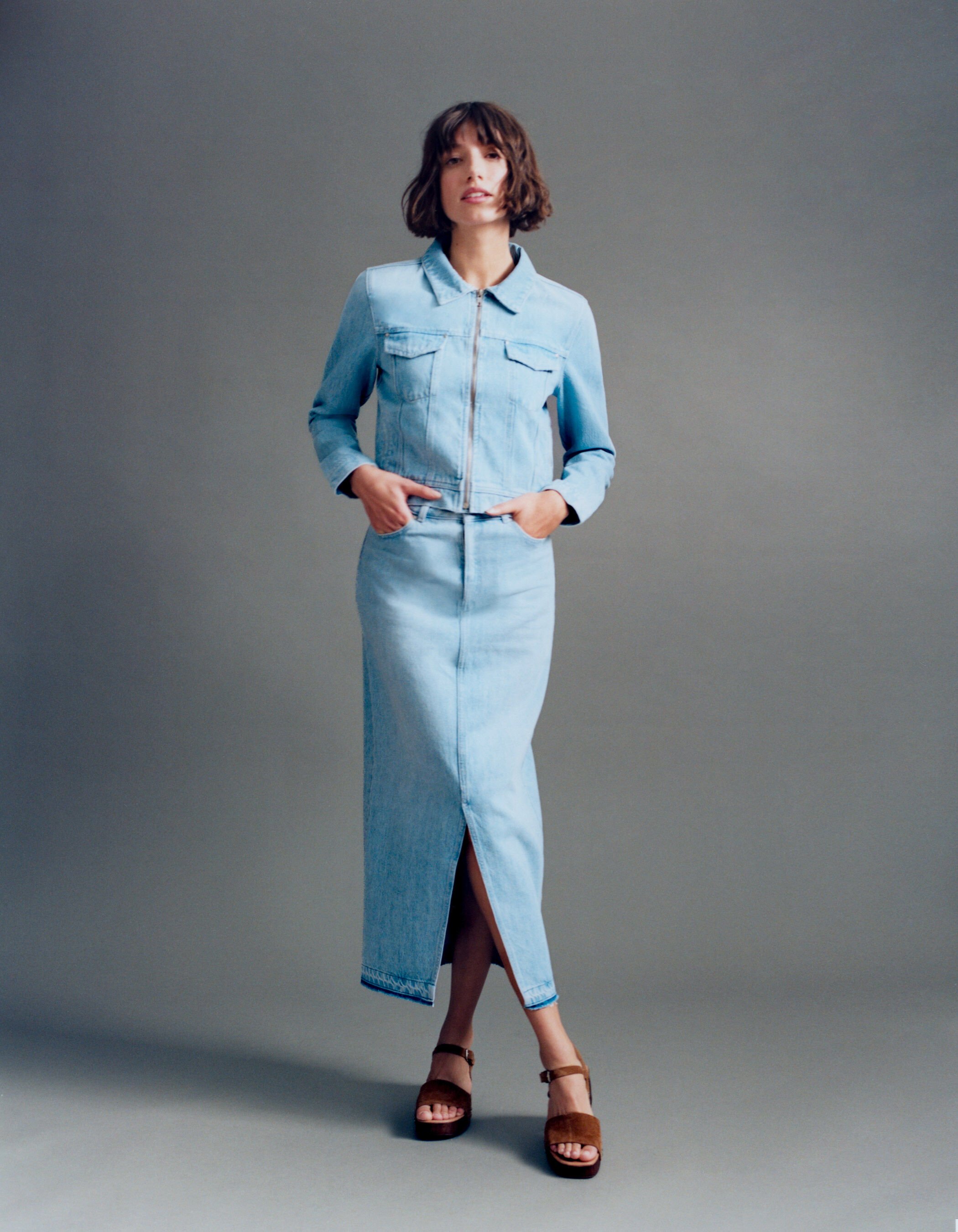 Jupe midi en jean light blue coton bio Femme IKKS