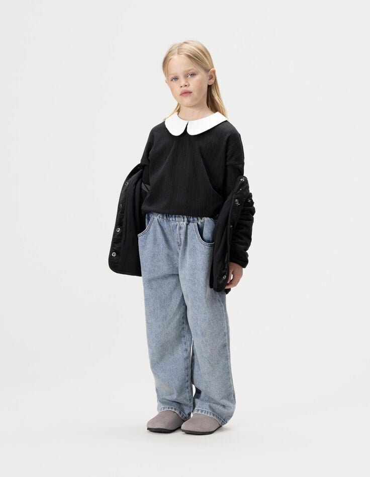 T-shirt manches longues noir col écru brodé sequins fille-1 T-shirt manches longues noir col écru brodé sequins fille-1
