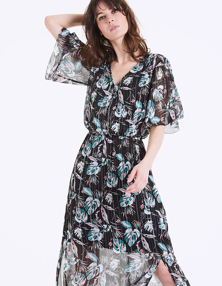 Langes Kleid mit Tropical-Garden-Print in Metallic-Garn auf schwarzem Grund-3