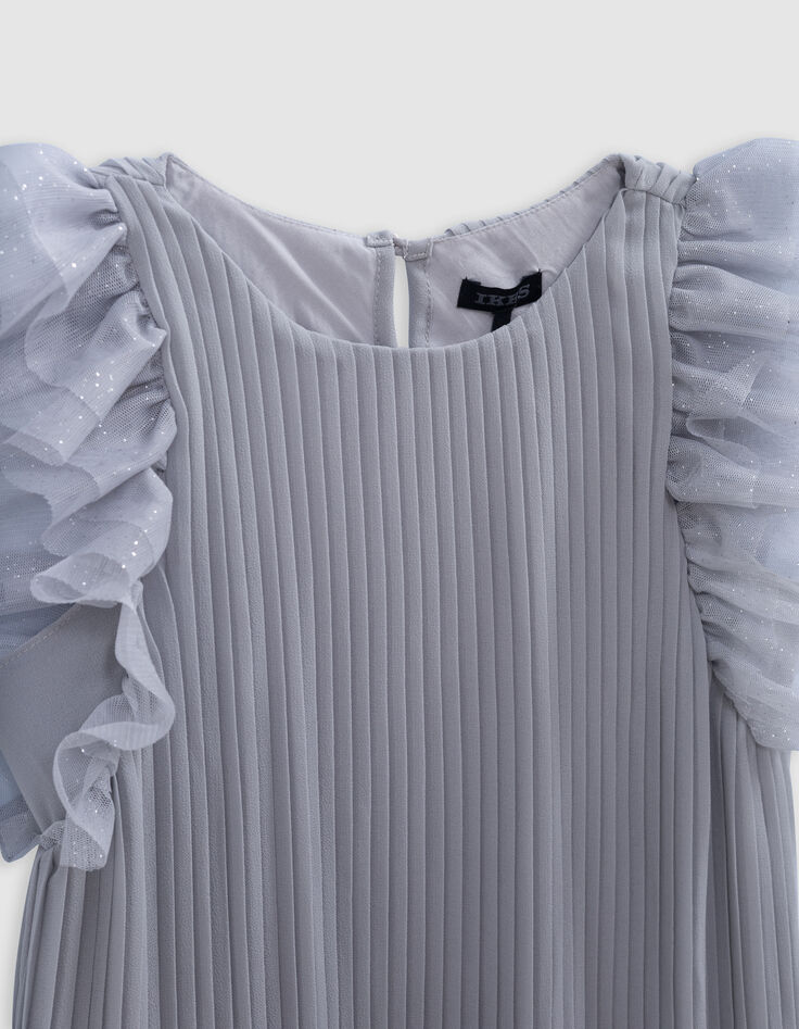 Robe argentée plissée manches tulle plumetis fille-3