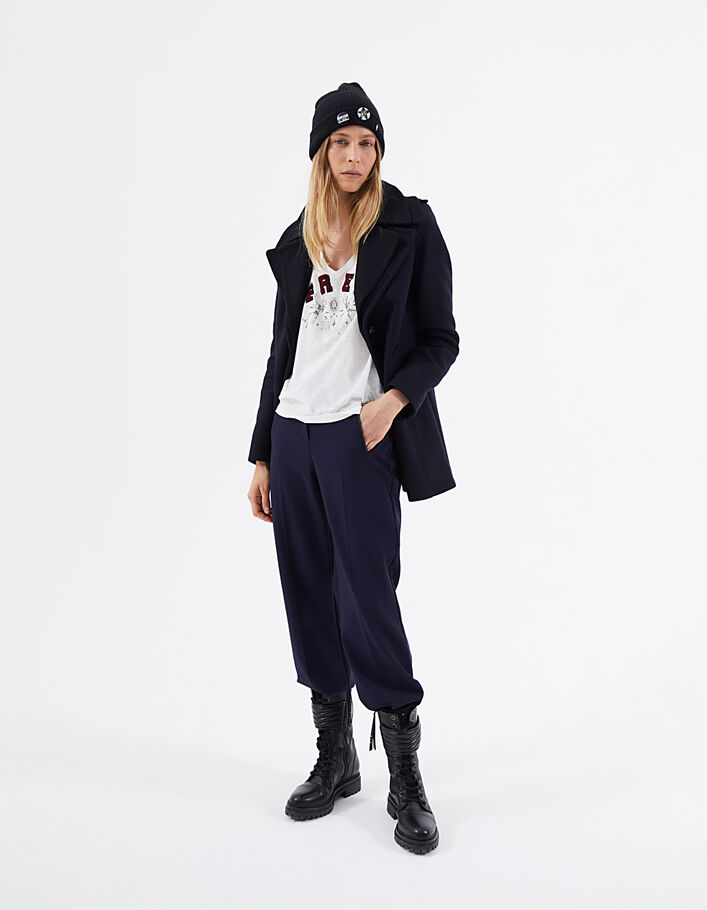 Women’s navy mid-length wool cloth pea coat, double collar - IKKS