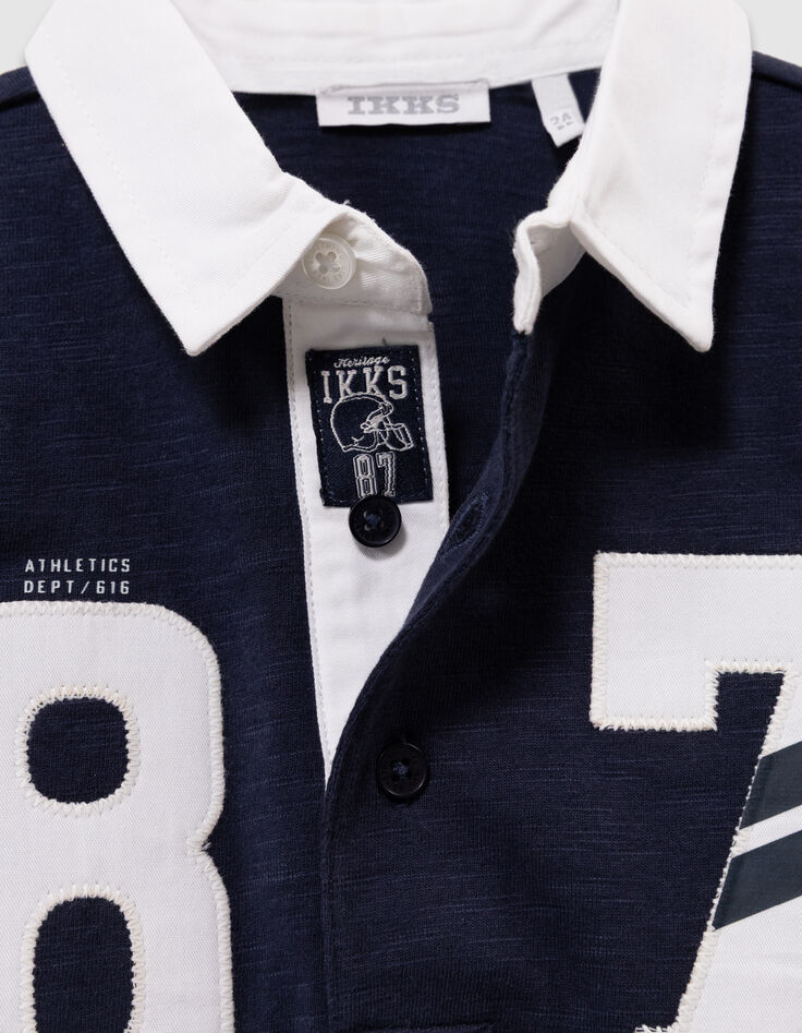 Boys’ navy/camel/black polo shirt, white collar, numbers-6 Boys’ navy/camel/black polo shirt, white collar, numbers-6