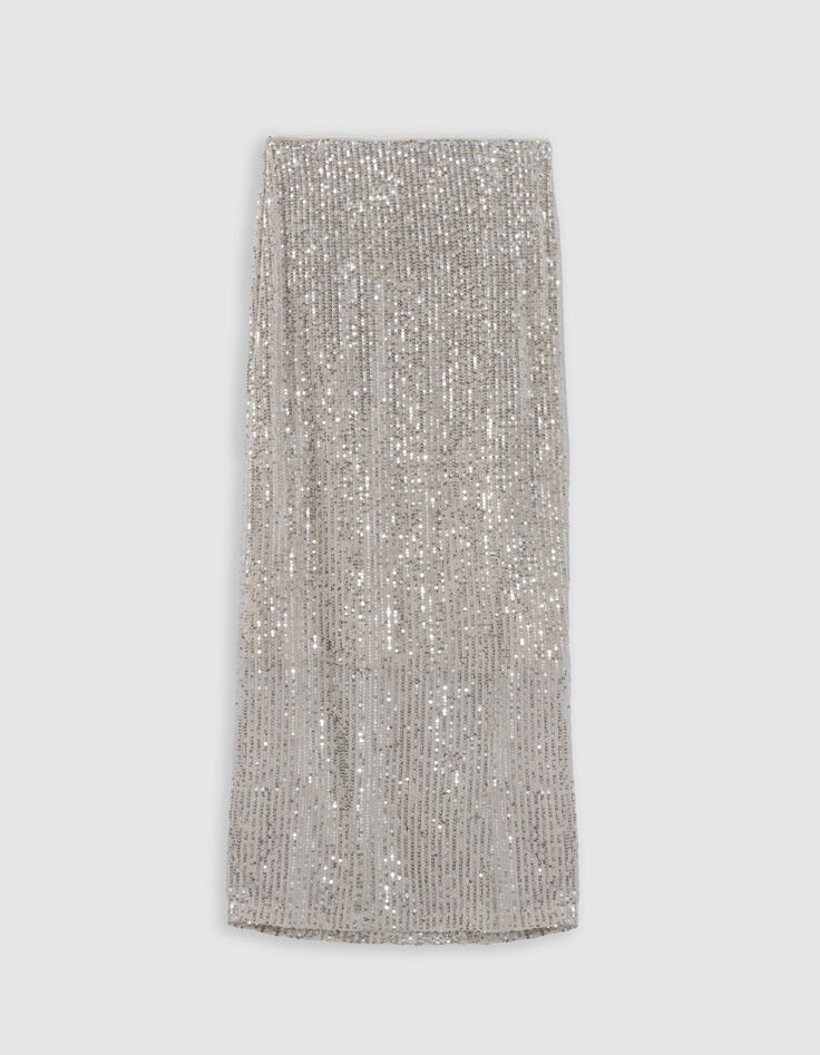 Jupe midi argent&eacute;e brod&eacute;e sequins Femme-6
