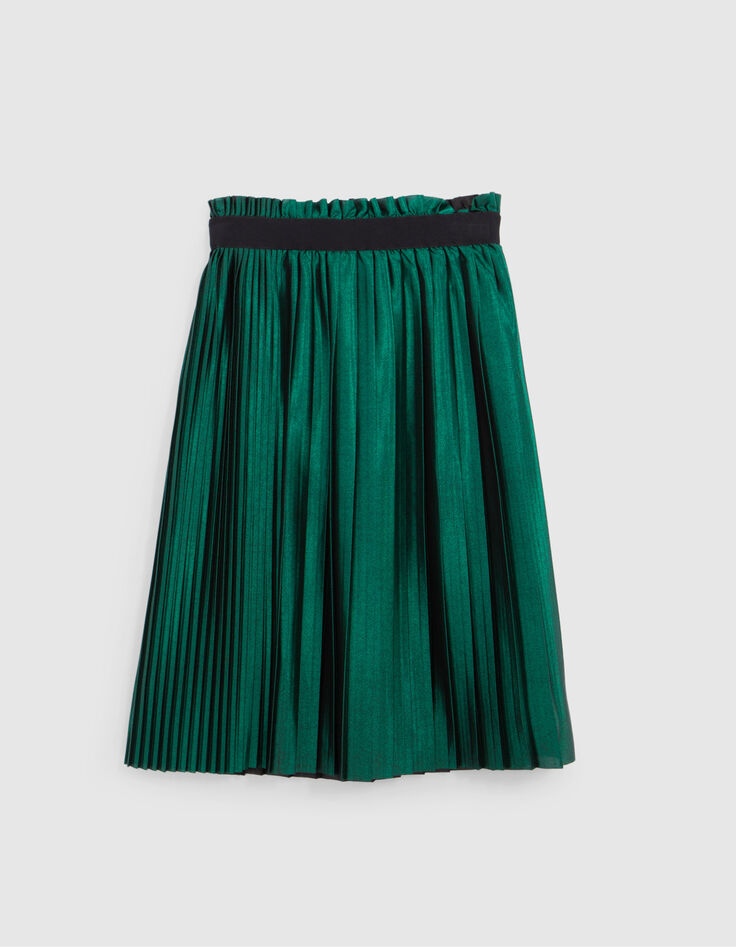 Girl's green satin pleated midi skirt-5