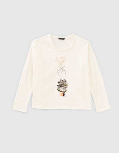 Girls&rsquo; ecru T-shirt +hand image & embroidered bracelets - IKKS
