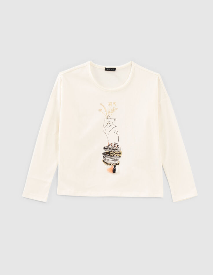 Girls&rsquo; ecru T-shirt +hand image & embroidered bracelets-1