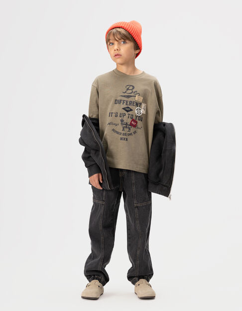 Khaki Jungen-T-Shirt Biobaumwolle Schriftzug Badge - IKKS