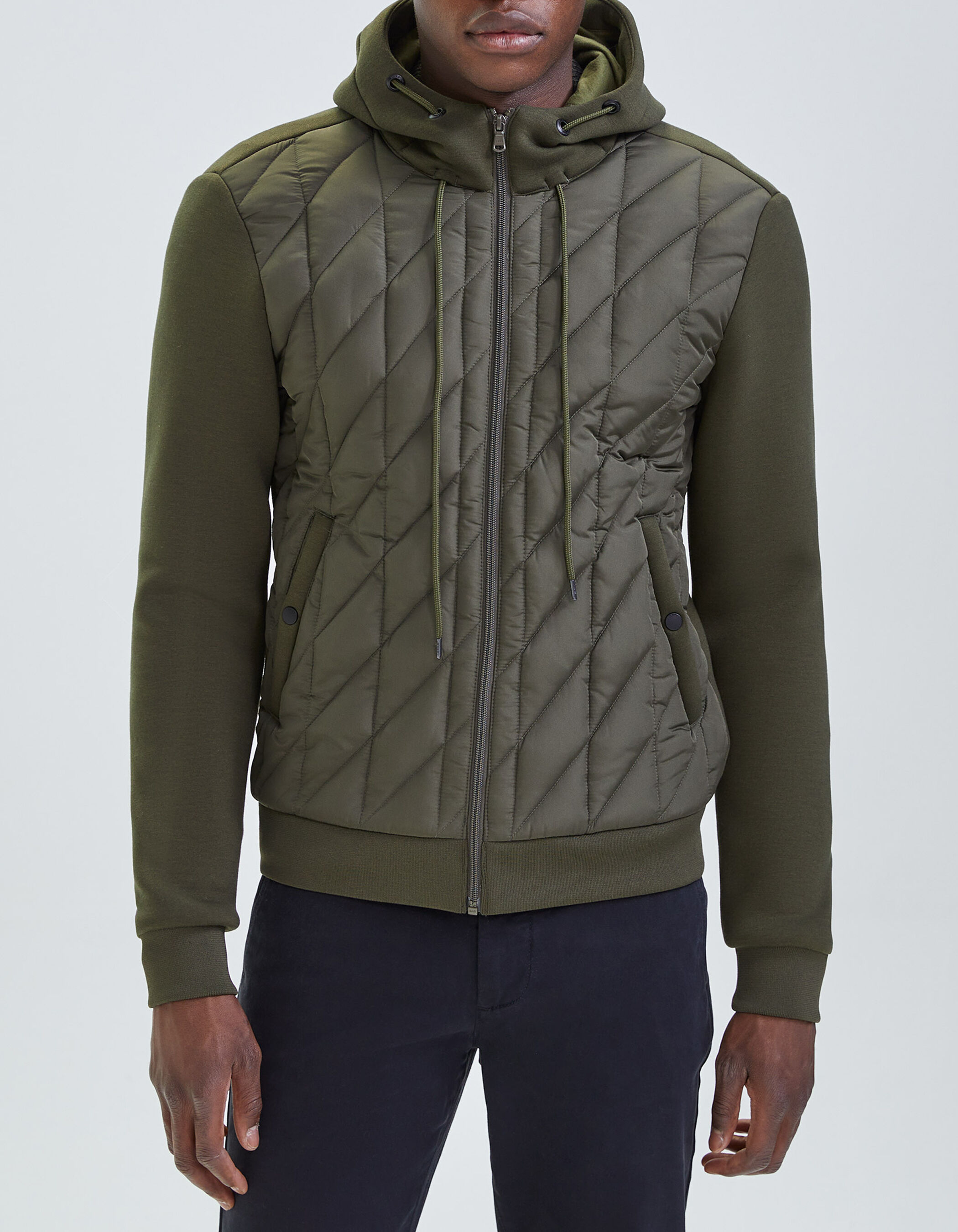 Men s khaki mixed fabric quilted light padded jacket