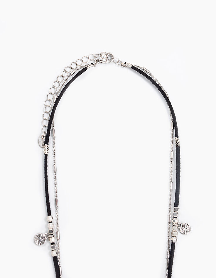Collar largo doble cuero negro cadena metal plata mujer-3 Collar largo doble cuero negro cadena metal plata mujer-3