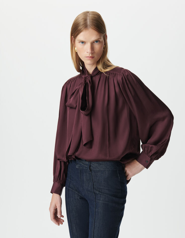 Chemise bordeaux satinée col lavallière Femme-2
