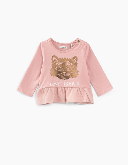 Mittelrosafarbenes T-Shirt mit Katzenkopf für Babymädchen