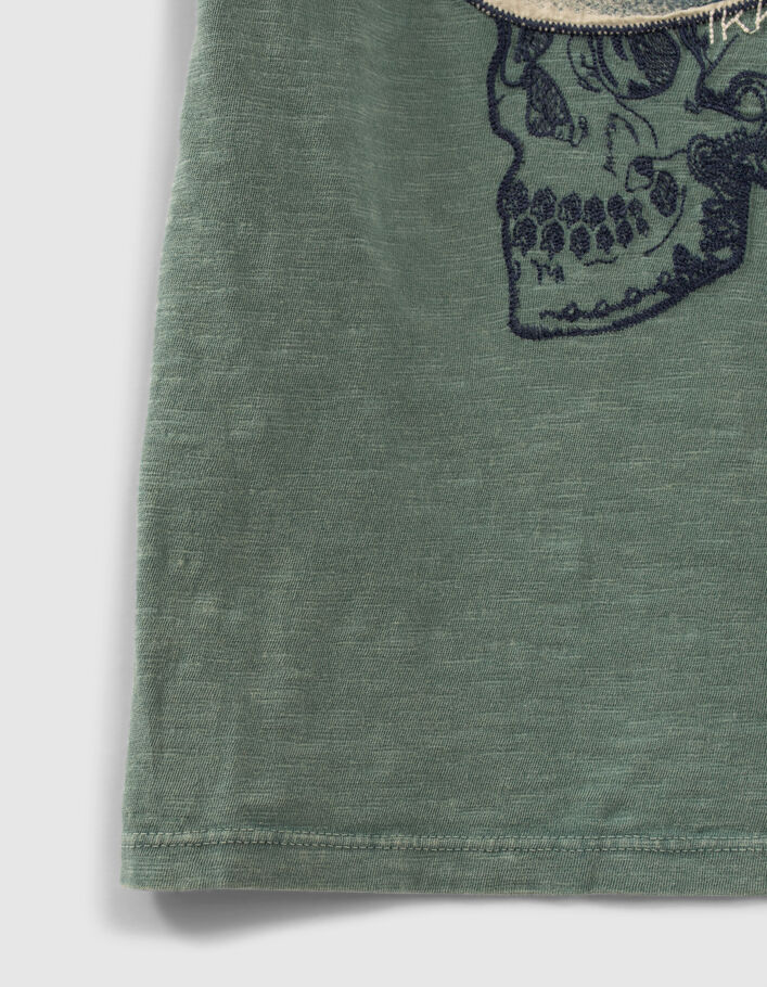 Boys’ green T-shirt with embroidered skull with hat - IKKS