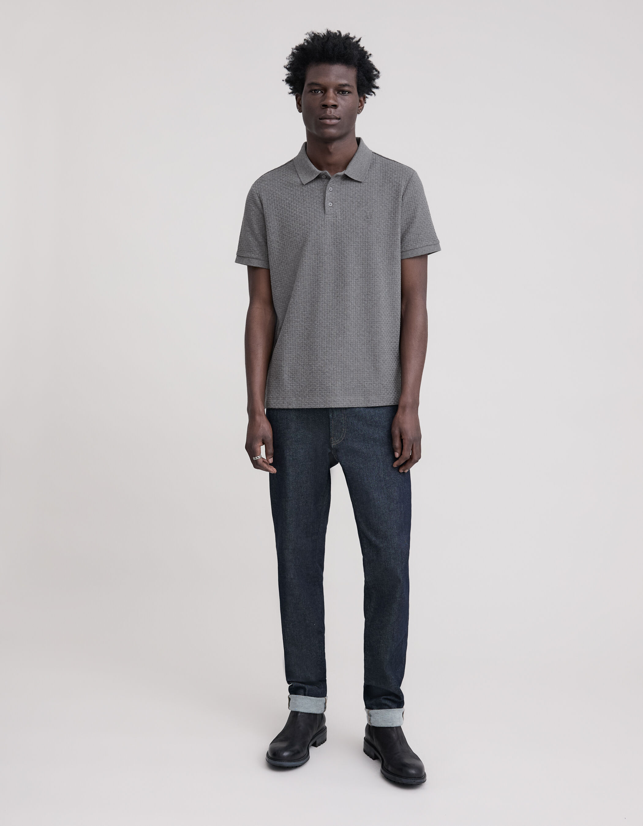 Men s graphite knit polo with weave effect IKKS