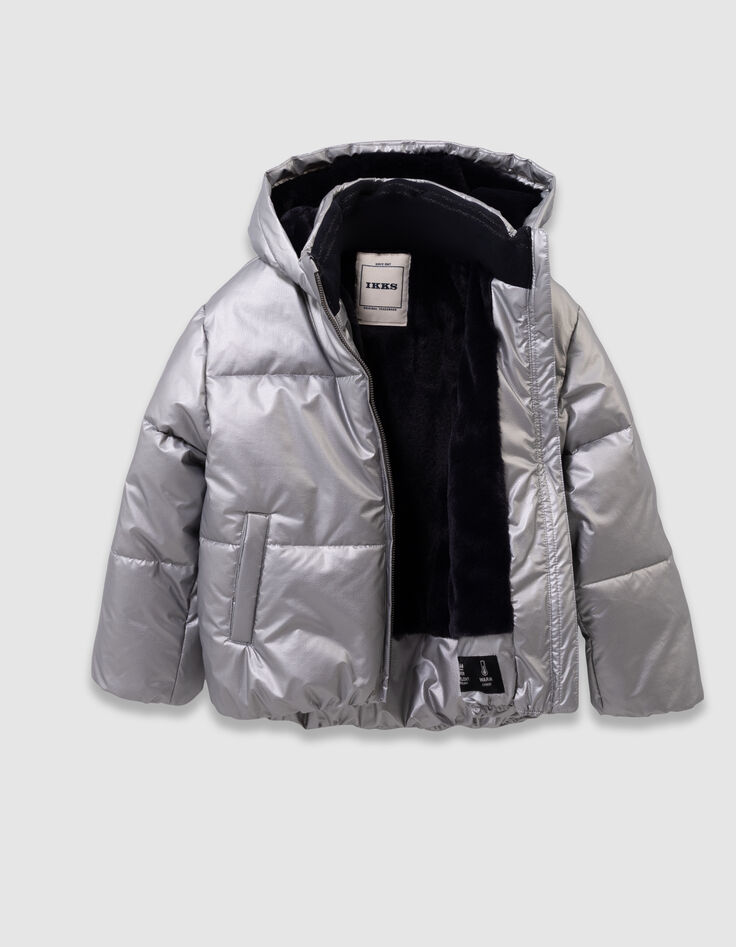 Girls’ silver padded jacket with navy fur-lined hood-5