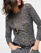 Tee-shirt manches 3/4 en lin imprimé wavy noir femme-1