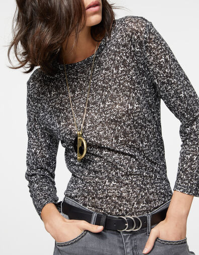 Tee-shirt manches 3/4 en lin imprimé wavy noir femme - IKKS
